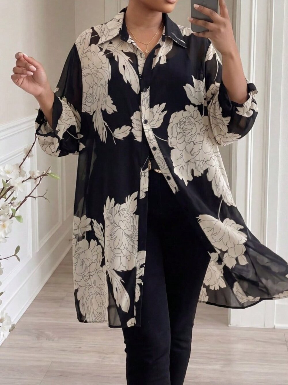Black Casual Women's Floral Print Sheer Button Kimono Shirt
